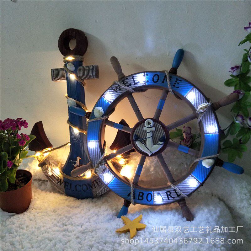 地中海风格木制做旧45公分带灯船锚组合套装家居壁挂酒吧客厅装饰