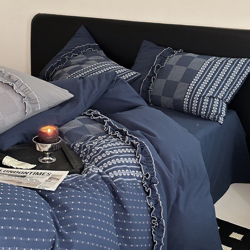 浪漫简约轻法式全棉四件套 灰色木耳边打褶工艺床上用品精致