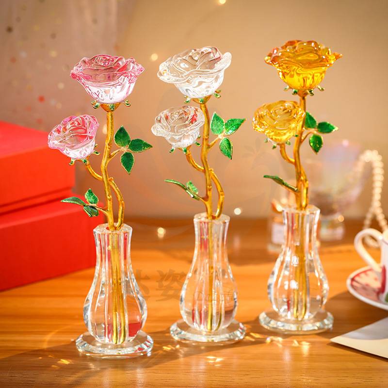 母亲节水晶玻璃工艺品摆件玫瑰花带花瓶居家客厅装饰品送情侣
