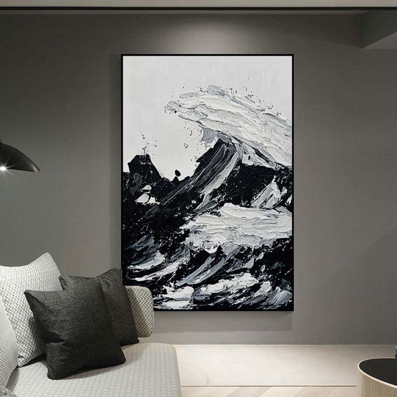 沧海 现代极简抽象装饰画黑白灰肌理感壁画简约客厅玄关大幅挂画