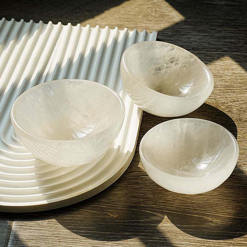 天然白水晶碗雕刻件 白水晶原石打磨供佛消磁碗 水晶碗工艺品摆件