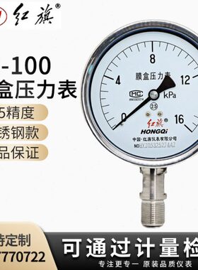 红旗仪表YE-100BF不锈钢膜盒压力表千帕表0-25KPA天燃气微负真空