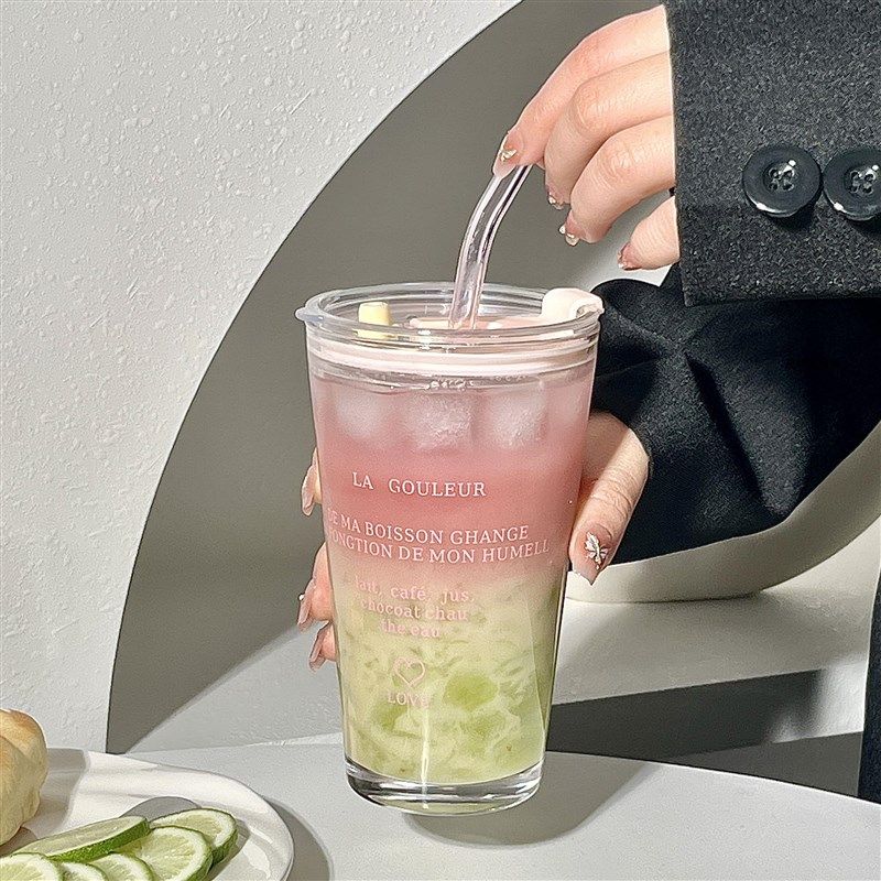 法式英文印花高颜值吸管水杯早餐杯子大容量咖啡杯玻璃杯带盖