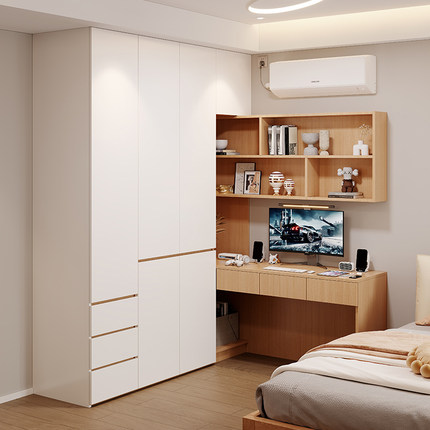 原木风衣柜书桌一体简约现代卧室转角衣柜M电脑桌带书架儿童学习