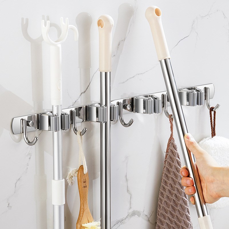 加厚304不锈钢拖把收纳层架 化妆室免打孔扫把夹阳台挂架抹布壁挂