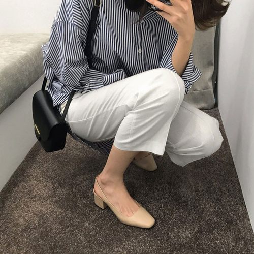 裸色粗跟单鞋女2021新款方头后空中G跟晚晚鞋软皮松紧后绊带高跟