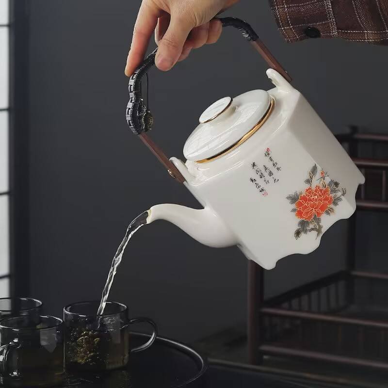 陶瓷茶壶家用大容量羊脂玉提梁壶办公带过滤泡茶壶凉水壶单壶logo