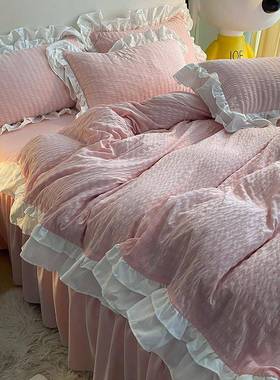 韩宿WNB式小泡芙层花双水洗棉四件套学生舍床单被套床笠边三件套