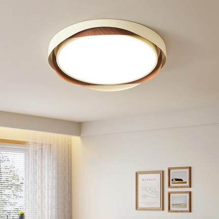 中古风简约卧灯室led274吸顶奶油胡桃纹色主卧全木光灯谱护眼房间