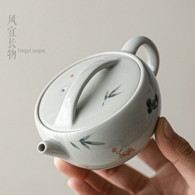 手绘岁寒三友茶壶单壶草木灰泡茶壶日式汉瓦壶陶瓷家用泡茶器