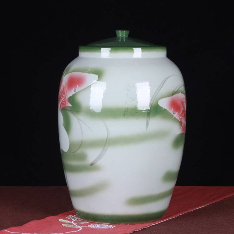 景德镇陶瓷米缸酒坛 手绘颜色釉浅雕荷花陶瓷酒坛 家居收藏摆件