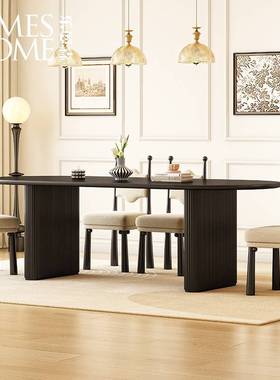 8V法式复古简约黑色实木餐桌中古风家用小户型椭圆形饭桌椅子组合