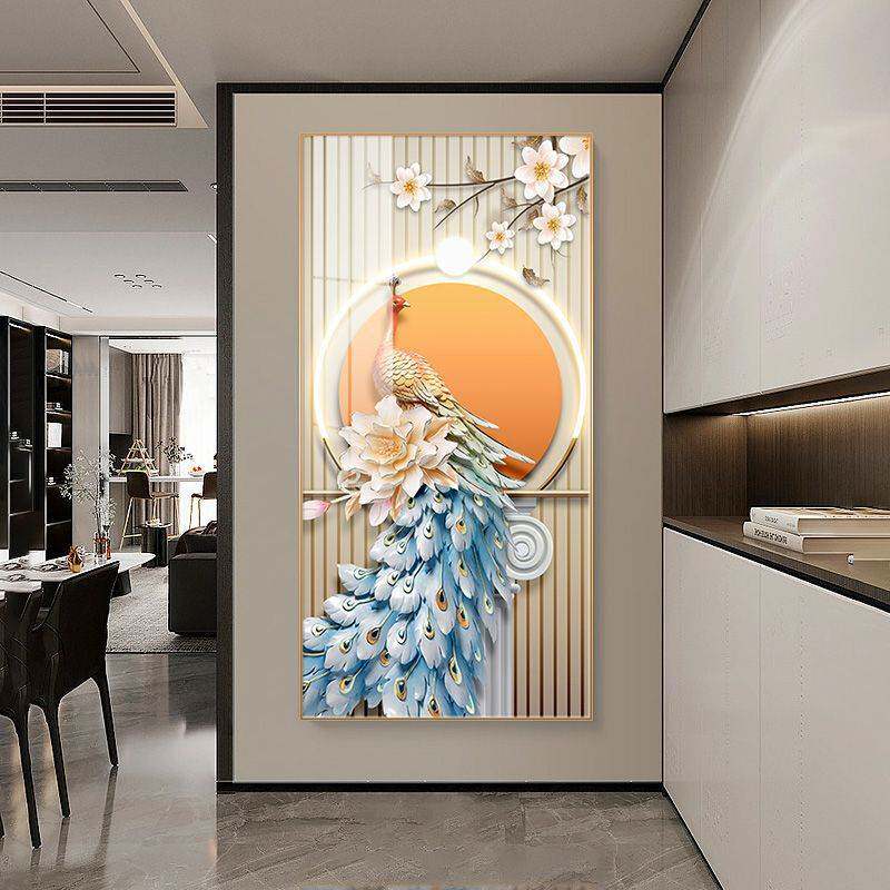 轻奢大气玄关装饰画高档孔雀走廊过道挂画楼梯口壁画大幅落地画