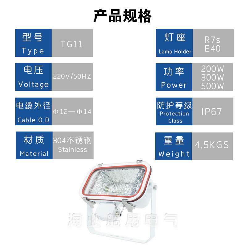 船用不锈钢卤钨防水小太阳投光灯TG11/18 3/500W户外泛光甲板码头