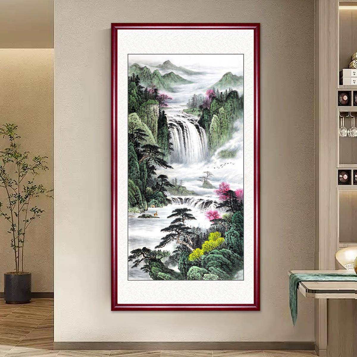 山水画国画玄关过道装饰壁画中式客厅财源滚滚风景画靠山挂画