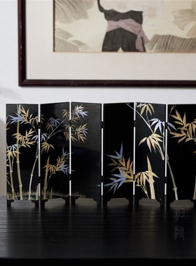 归鸿新中式双面桌面m屏风茶话摆件复古创意客厅家居漆器茶台小摆