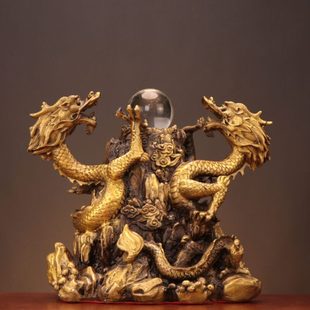 铜双龙戏珠摆件 二龙戏珠 铜双龙工艺品 家居店铺 铜龙摆件