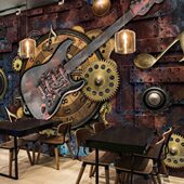 3D立体酒吧工业风摇滚吉他壁纸创意音乐教室壁架子鼓齿轮背景墙纸