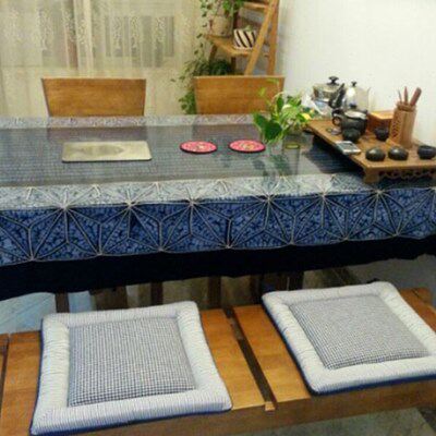 云南大理手工精品扎染布料茶几餐台桌布蓝白方框团圆鱼雪花条纹图