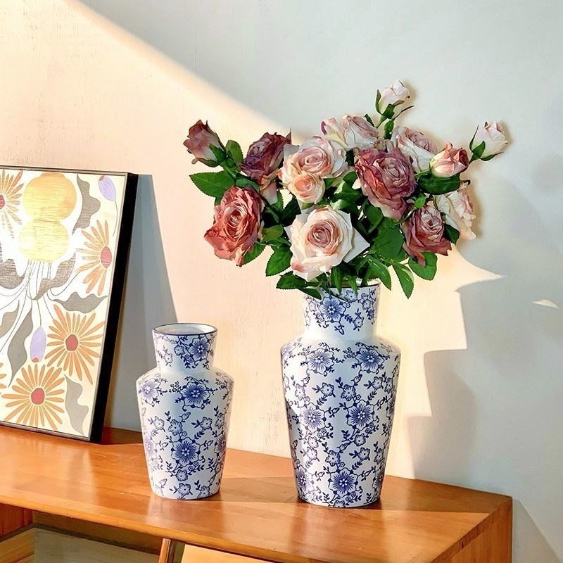 新中式复古青花瓷陶瓷花瓶客x厅玄关插花瓶装饰品鲜花干燥花花器