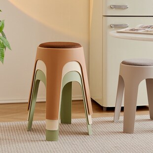 家用塑料凳子皮革软包坐垫圆凳现代简约餐厅家居凳子可叠放收纳凳