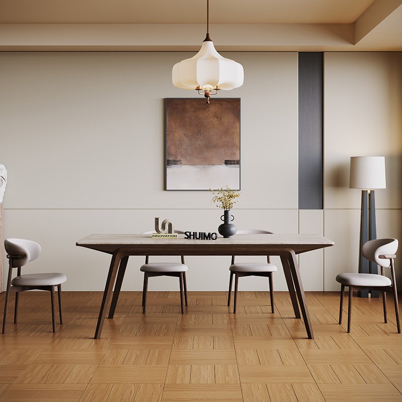 德利丰洞石帆船实木餐桌法式奶油复古现代简约意式U胡桃色餐桌椅