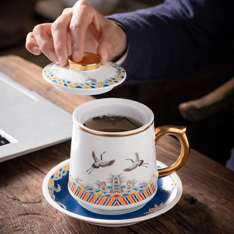 陶瓷茶水分离h泡茶杯描金个人专用办公室水杯带盖过滤杯子礼盒定