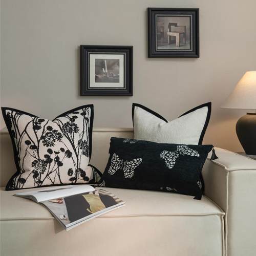 现代简约法中古风客厅沙发流抱枕黑白轻qrfgqmfu奢纯色垫靠棕色式