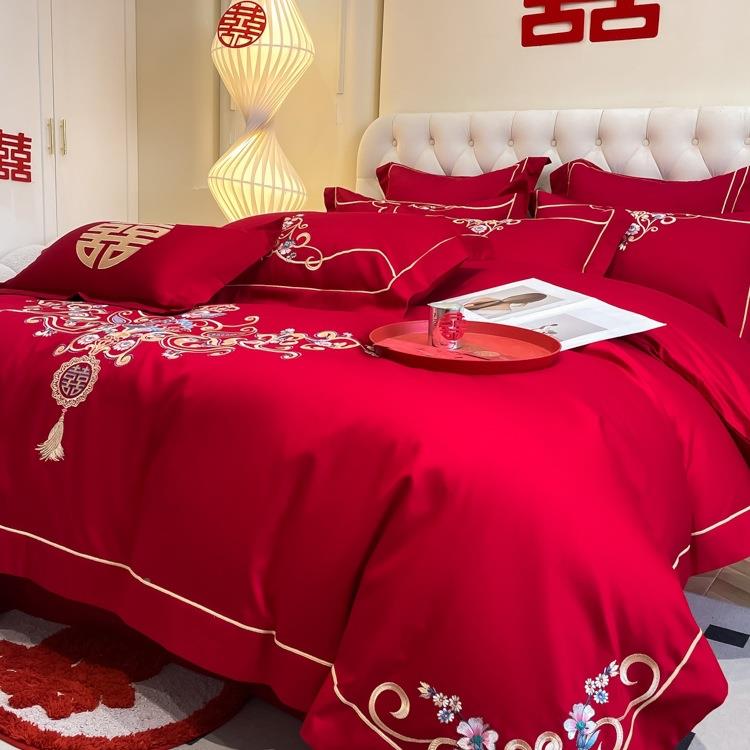 中嫁式婚庆四件套大红色喜F988658T庆结婚纯棉被婚房喜被套陪件六