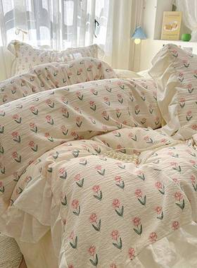 法式浪漫花边款水洗棉四碎件套复古小花被套AMD-00单学生笠宿舍三