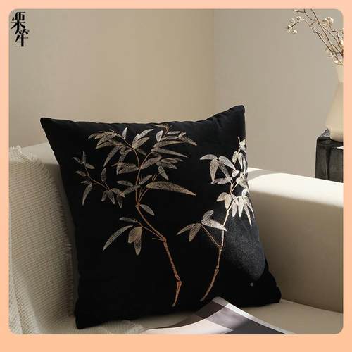 宿?新轻奢复古黑绿色系F77T98H6中组合抱枕式刺绣竹纹抱枕民中古