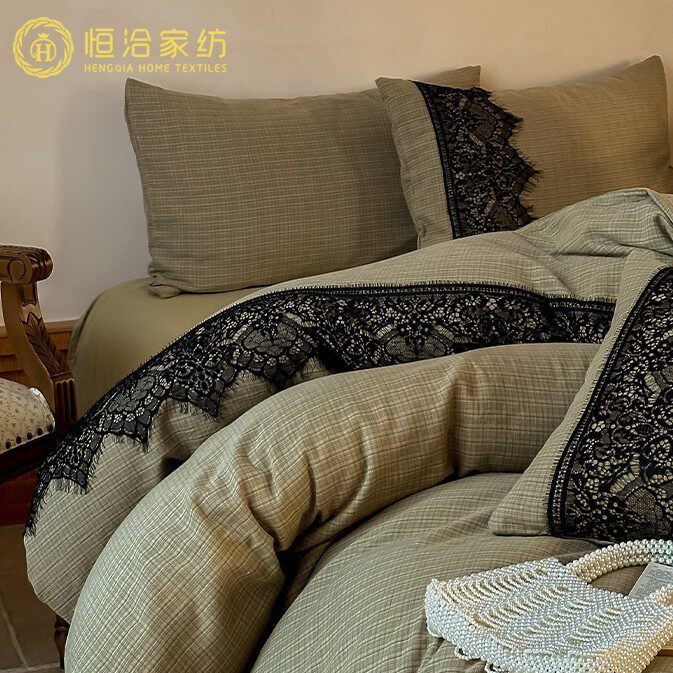 复古风蕾丝全棉色织双层纱四件套纯棉格子简约被套床上用品绿色