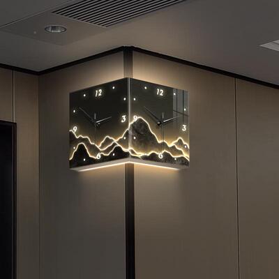 约代简客厅角双面江山如画现挂钟背有靠山创意时钟壁灯画免打孔转