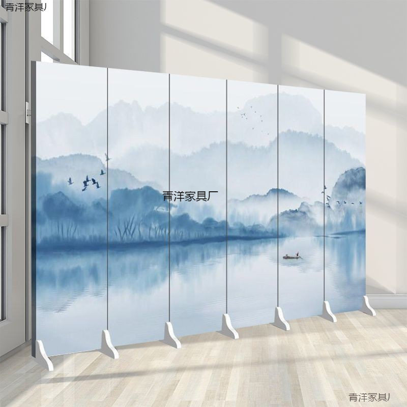水墨山水画屏风隔断客厅新中式遮挡折叠可移动办公室酒店大厅屏风