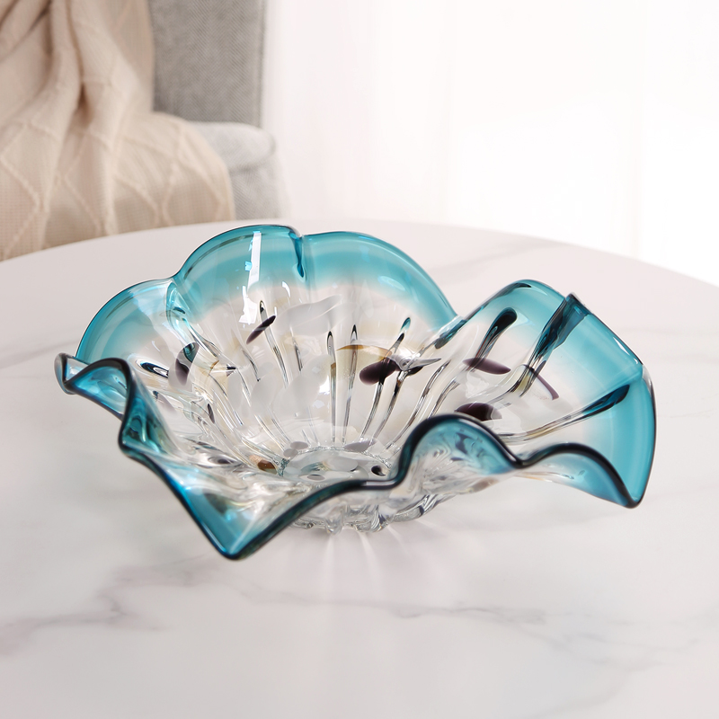 轻奢荷叶玻璃艺术果盘茶几t糖果干果盘客厅装饰餐桌样板间玄关摆