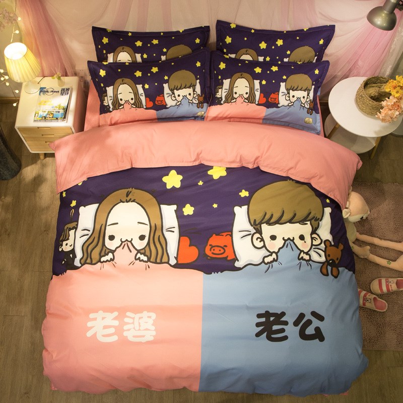 新全棉1.d8米情侣四件套床上用品1.8m2m床笠个性创意双人被单