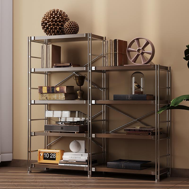 日式置物架落地多层客厅阳台简约中古置物架书架厨房微波炉收纳层