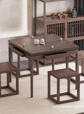 老榆木八仙桌棋牌桌实木正椅方形餐桌RL-89898屉组桌合中式带抽四