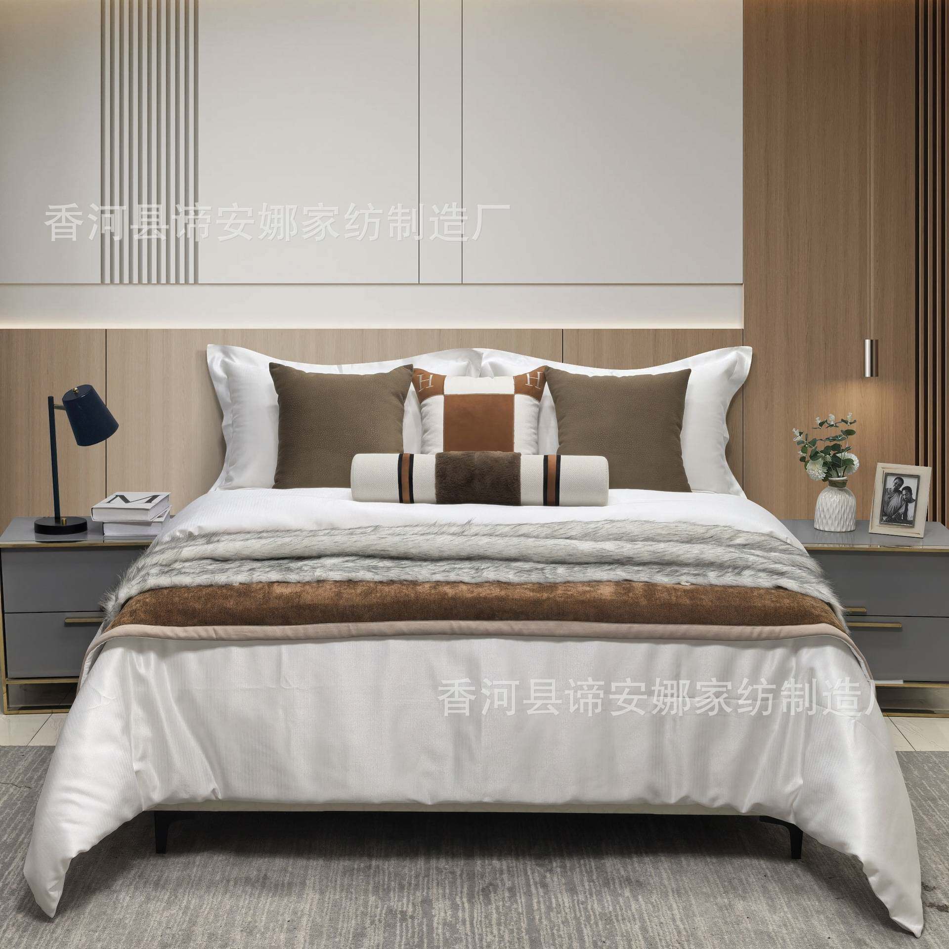 现代轻奢样板房床上用品家具卖场仿真兔毛咖色复古软装样板间床品