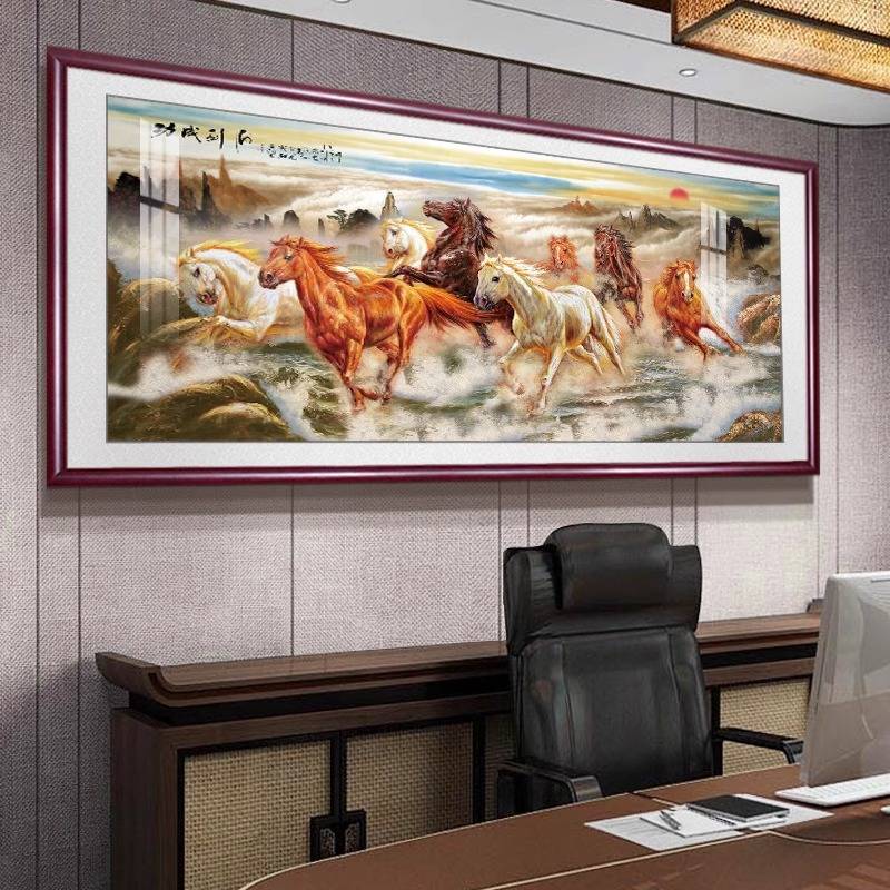 马到成功老板办公室挂画八骏图国画新中式山水字画客厅沙发墙装饰