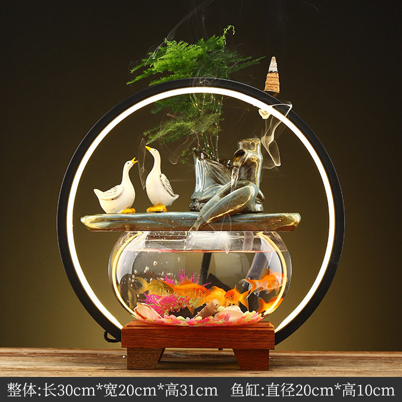 创意流水摆件客厅书房办公室带灯圈小型家用透明生财鱼缸中式造景