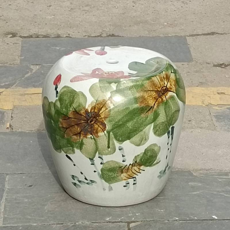 手绘荷花陶瓷凳子 凉凳 陶瓷桌凳 纳凉凳子 阳台庭院装饰摆件
