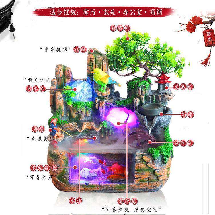 风水假轮客厅含树饰小摆VGO件山流水喷泉桌面装办公室鱼缸加萍润