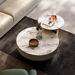 岩板茶几意式轻奢客厅家用现代简约带抽屉创意设计师圆形大小组合