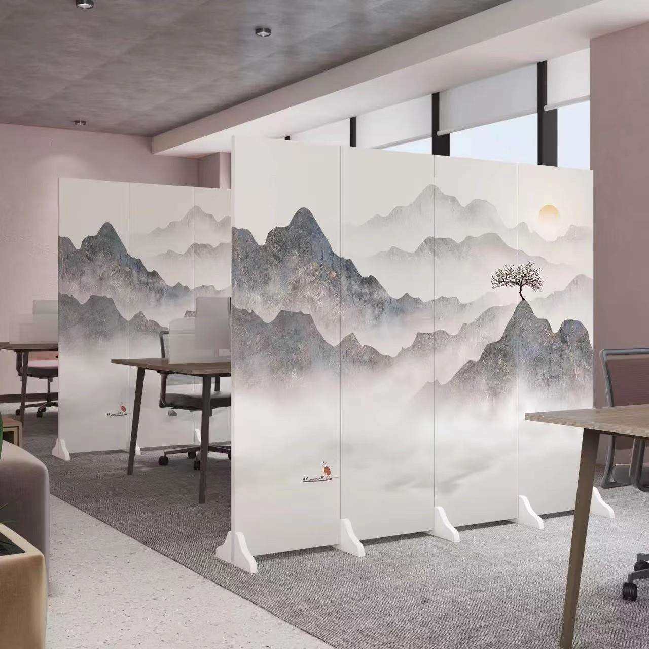 中式山水画隔断屏风办公室卧室玄关遮挡折叠移动仿古屏风隔断客厅