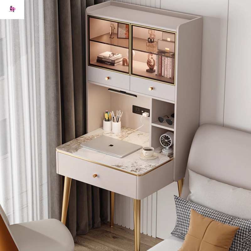 书桌轻奢现代实木书架书柜一体岩板小户型卧室床头学习家用电脑桌