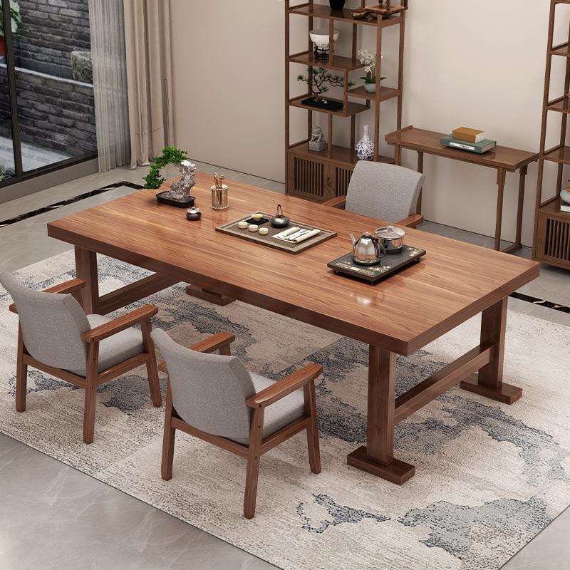 实木腿大板茶桌椅组合一桌五椅家用新中式泡茶台胡桃色办公室茶桌