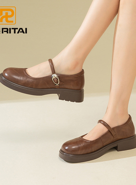 日泰法式复古风玛丽珍鞋黑色一字带小皮鞋厚底浅口单鞋粗跟鞋女