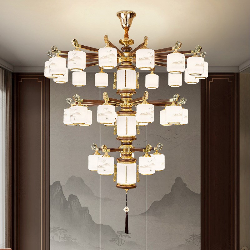 新中式全铜实木i复式楼大吊灯中国风别墅自建房客厅中空挑高大厅