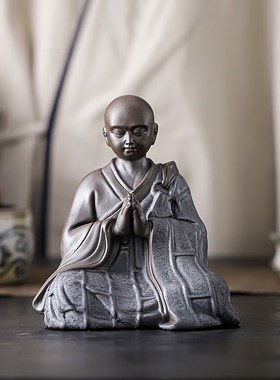 复古禅意小和尚人物摆件中式陶瓷鱼缸假山L造景桌面茶宠家居装饰